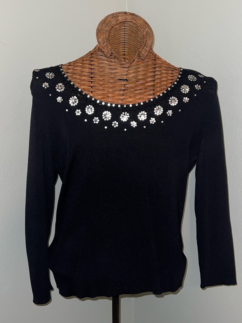 Ruby Rd. Black Embellished Scoop Neck Long Sleeve Top